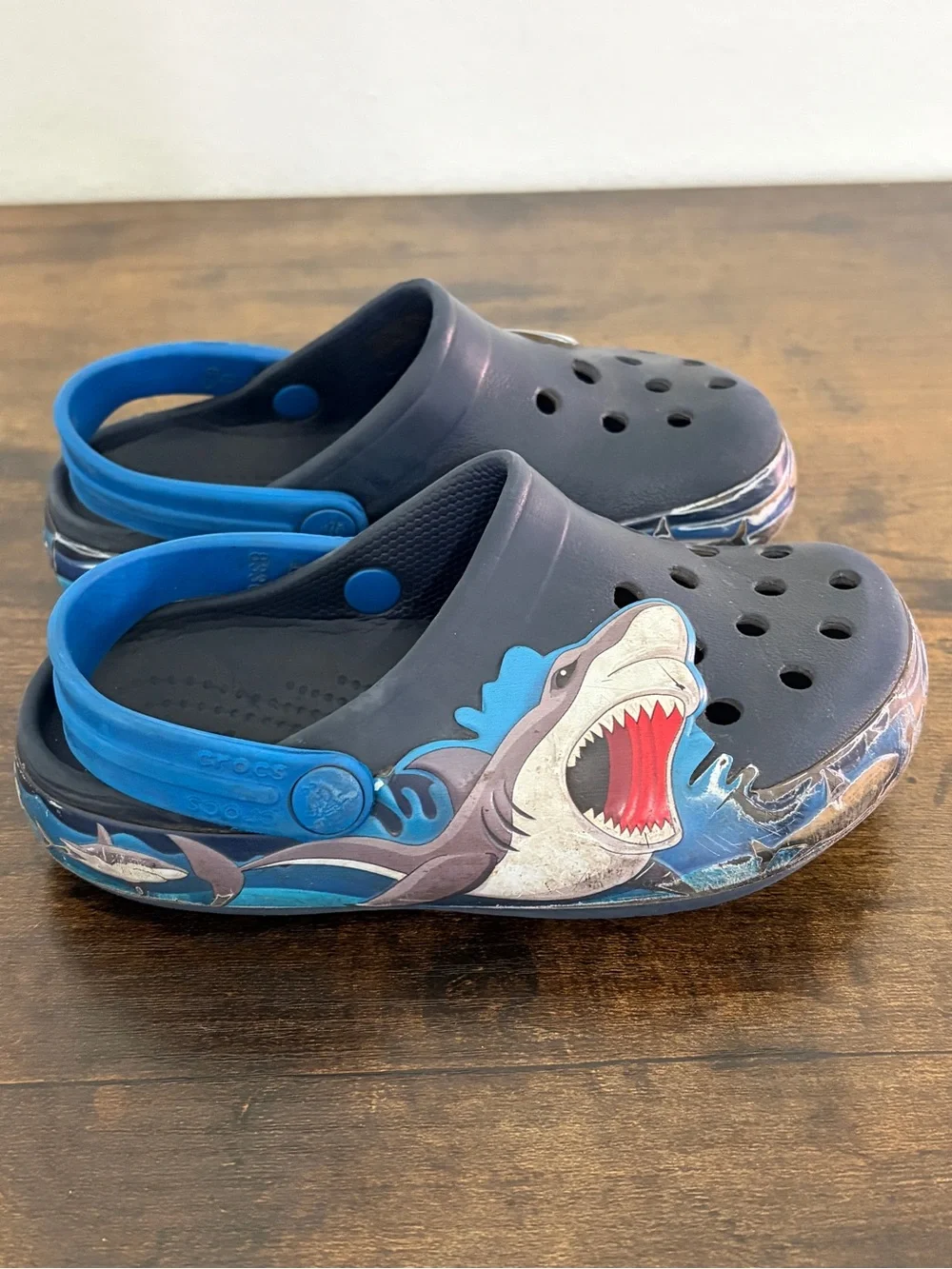 CROCS Kids Shark Clogs in Navy and Bright Blue